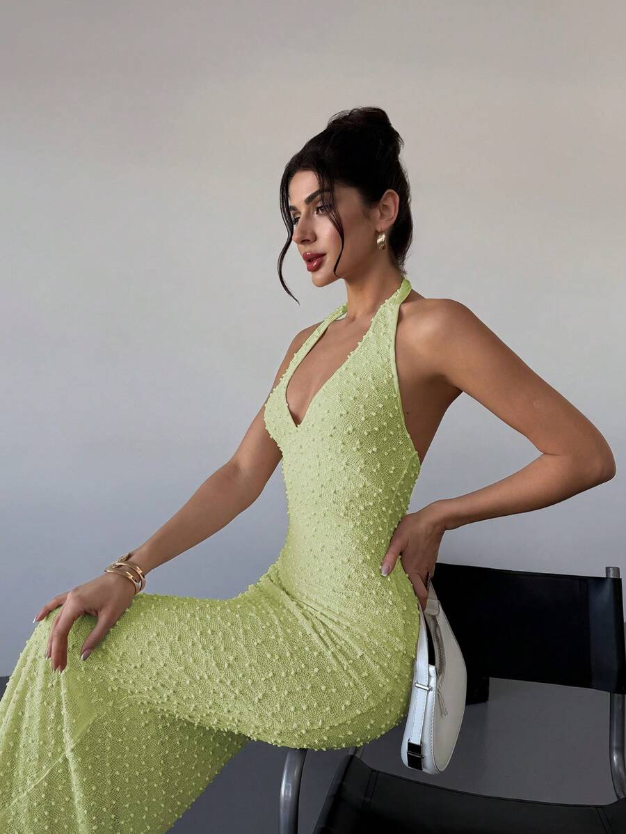 Firerie Váy Maxi Ôm Vừa Vặn Không Tay Cổ Chữ V Màu Mơ Thanh Lịch Lãng Mạn Mới Cho Ngày Lễ Tình Nhân, Xuân/Hè - Màu xanh chanh - Xem 1