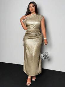 Viva Relle Plus Size Elegant Women's Iridescent Cinched Waist Asymmetric Neck Dress For Holiday Party Clothes Maxi Women Outfit - Gold - View 6