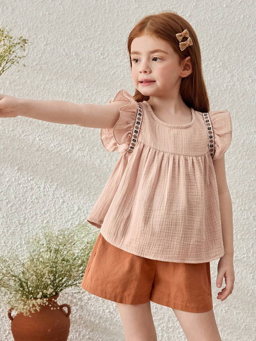SHEIN Blus Anak Perempuan Gaya Prancis Elegan dengan Hiasan Pita Aprikot, Lengan Berkerut, Leher Bulat, Musim Semi & Musim Panas - Khaki - View 1