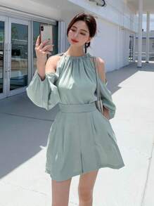 DAZY Blusa de hombros descubiertos y pantalones cortos de dos piezas para mujer - verde menta - Ver 5