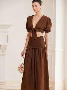 Chiquease 2pcs Women Deep V-Neck Puff Sleeve Top And High Waist Pleated A-Line Skirt Set   Old Money Style For Summer - Brown - View 4