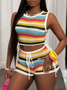 Slaydiva Set de vară nou, stil nou, vacanță la plajă, casual, dungi colorate, scobite din tricot, top halter + pantaloni scurți cu legături, 2 buc., pentru doamne - B în toamnă/iarnă