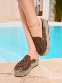 Styleloop Beige Casual Retro Embroidered Thick Bottom Woven Rope Shoes - Rust Brown - View 12