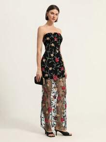 Aveloria Rosie Elegant Romantic Heavy Lace Mesh Long Dress, Sexy Sheer Strapless Design All Over Print  For Summer Spring Fall Autumn
