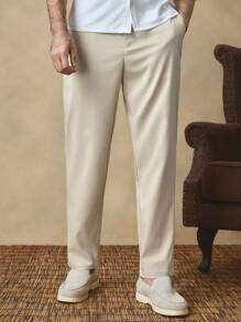 Manfinity VCAY 男士意大利风格日常通勤休闲度假松紧腰休闲裤，浅卡其色竹纤维混纺修身款 - 卡其色 - 查看 6