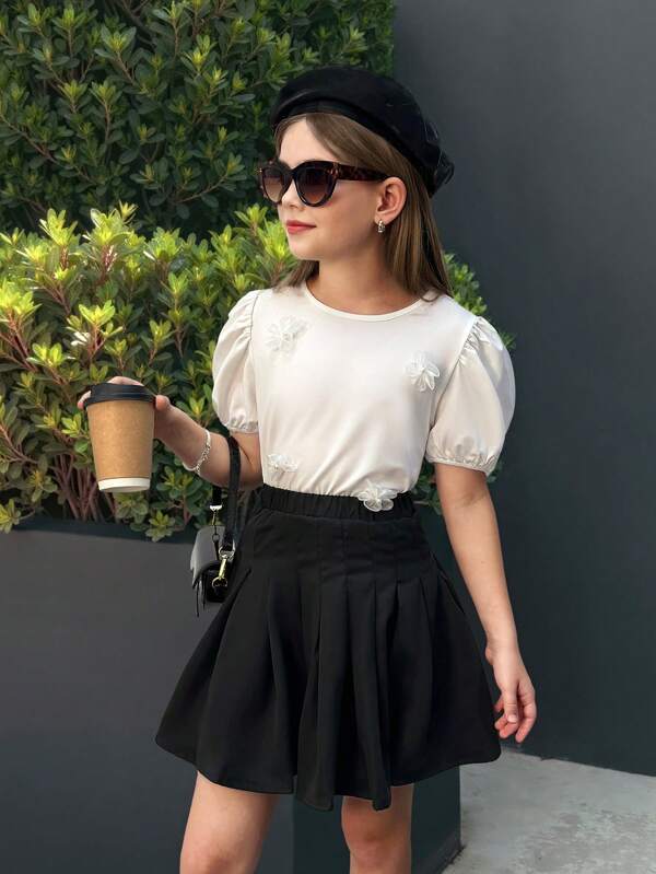 SHEIN Nova Glow Tween Girls Puff Sleeve Floral 3D Round Neck Loose Comfortable T-Shirt, Casual Everyday Wear Suitable For All Occasions
