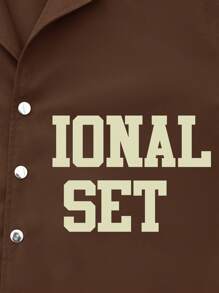 Manfinity Roghcode Men's Letter Print Short Sleeve Single-Breasted Shirt And Shorts Casual Suit - Coffee Brown - View 3