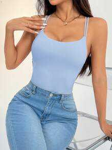 SHEIN PETITE Women's Black Knitted Backless Strap Bodysuit - Baby Blue - View 5