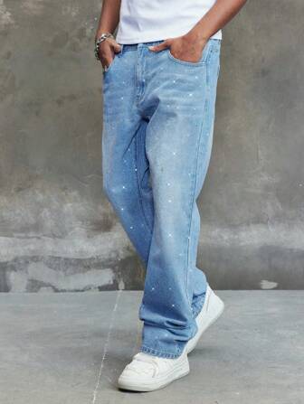 ROMWE Avant Jeans à jambe évasée pour hommes avec ornements de strass