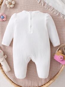 SHEIN Newborn Simple White Eyelet Embroidery Ruffle Ribbed Cotton Long Sleeve Fall Autumn/Winter Jumpsuit Loungewear Crew Neck Knit Solid Lace Pants Set - White - View 3