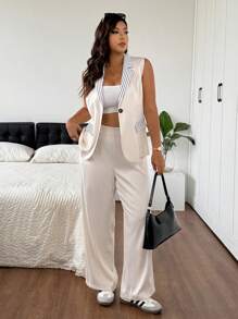 SHEIN Frenchy 大码女式条纹破洞翻领背心和裤子套装 - 卡其色 - 查看 3