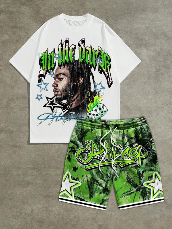 AXEPEAK Men's Star Portrait, Hiphop Street Tree Camo Print Oversized T-Shirt Set Summer Outfit