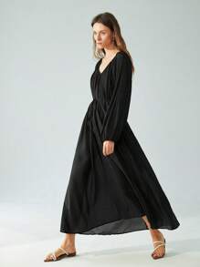Aveloria Modichic 女士 V 领褶皱泡泡袖缎面亮面连衣裙，配腰带和 A 字形下摆，适合通勤和正式场合 - 黑色 - 查看 6