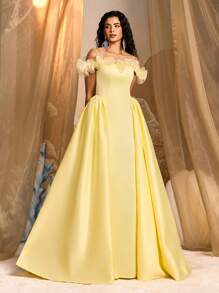 Glamrae Váy trễ vai sang trọng thanh lịch với thiết kế hoa 3D, váy quá khổ thích hợp cho đám cưới, tiệc tùng, kỳ nghỉ, tiệc chiêu đãi, váy dự tiệc cưới, váy trang trọng, váy dạ hội, váy dạ hội - Màu vàng - Xem 6