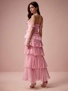 Enchnt Damen Kleid mit Schulterausschnitt, einfarbig, Rüschensaum, hoher Schlitz - Pink - Übersicht 8