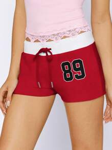 Muchica 夏季休闲字母装饰灰色超短裤 - 紅色 - 查看 3