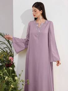 Al Najma Women's Elegant Rhinestone Embellished Bell Sleeve Arabic Style Dress, Modest