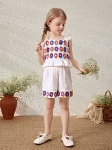 Blossori Elegantes Set aus ärmellosem Top und Shorts mit Schleifendekor für Kleine Mädchen, Frühling/Sommer