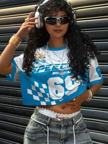 SHEIN Coolane Women's Summer Casual Color Block Letter Print Cropped T-Shirt - Multicolor - View 3