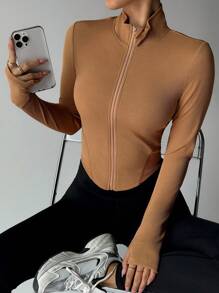 SHEIN 女士简约时尚运动夹克适合夏季 - 卡其色 - 查看 3