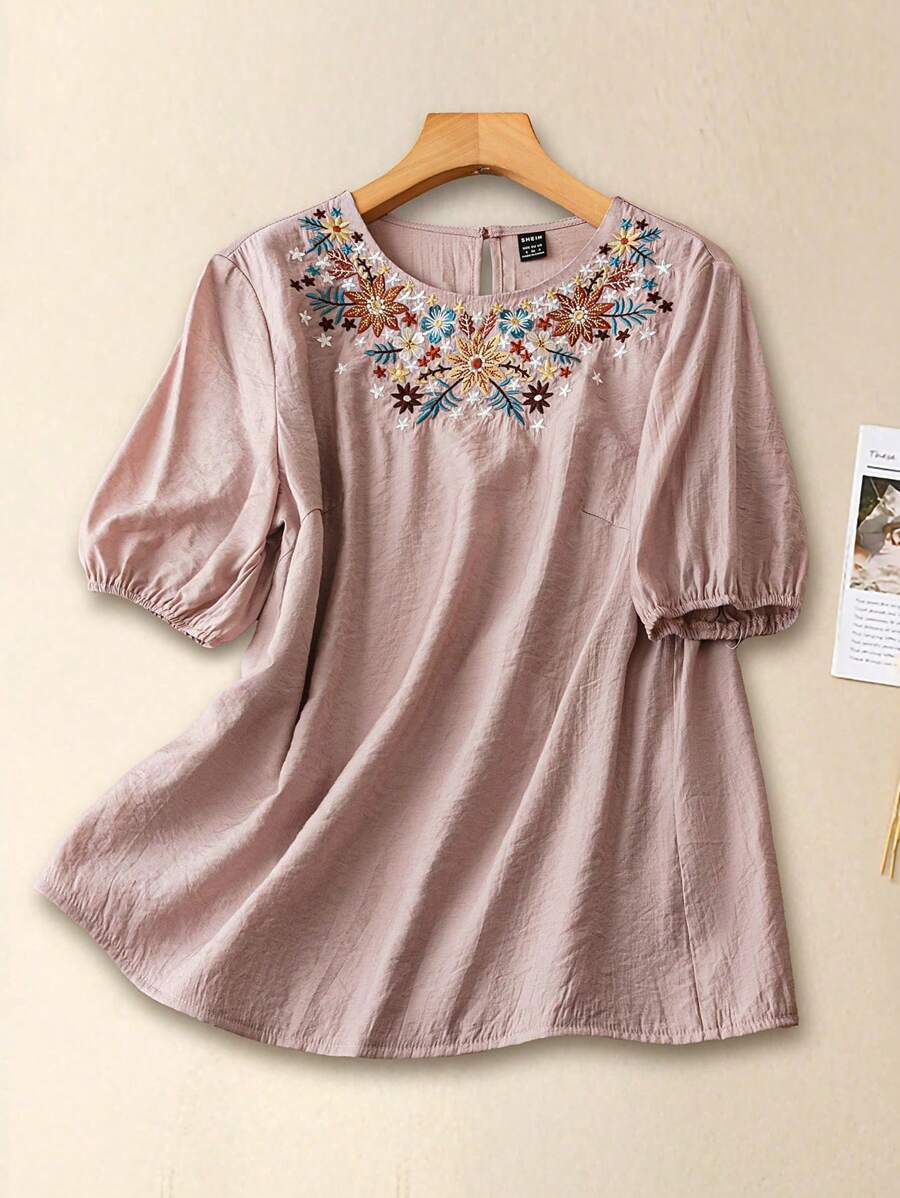 EMERY ROSE Women Flower Embroidered Short Sleeve Casual Shirt, Daily Wear - Pink - View 1