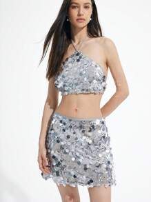 Aveloria Affinna 性感优雅派对两件套：亮片刺绣露背无袖短款上衣和低腰迷你裙，银色 - 銀色 - 查看 3