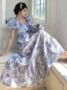 DAZY Women's Floral Print Ruffle Hem Long Sleeve Dress, Blue - Baby Blue - View 6