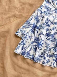 Soleia Vestido mini estilo halter para mujer, estampado de flores azul y blanco, estampado de árbol de coco, para verano y vacaciones en la playa