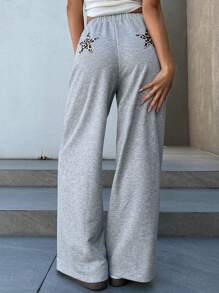 DAZY Women Drawstring Tie Leopard & Star Print Straight Casual Pants - Grey - View 3