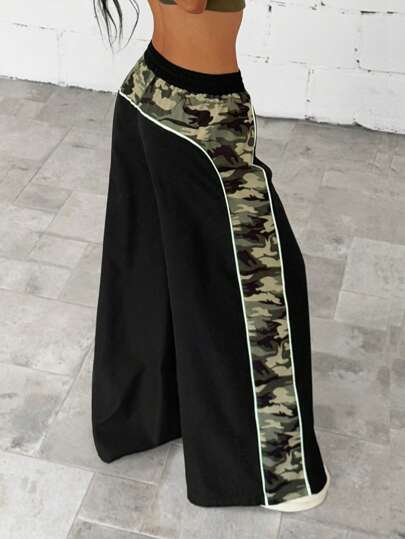 StreetHx Women's Casual Color Block Camouflage Wide Leg Pants Fall Cloth For Women