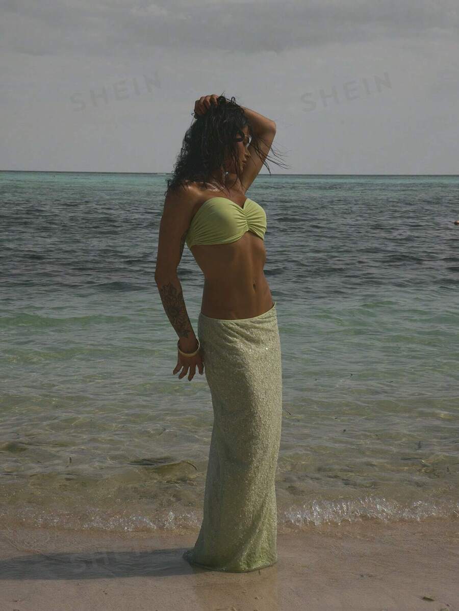 MUSERA Falda maxi elegante de ajuste recto con detalles de botones laterales, textura de encaje y lentejuelas de tiro bajo, solo apta para Ibiza, para vacaciones de verano y días festivos en jardines prohibidos - Verde - Ver 1
