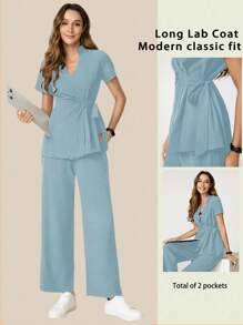 TaskEZ Solid Color V-Neck Scrub Top And Pants Scrub Uniform Set Women Tops Summer Scrub Sets For Women Nurse Scrub Sets Women Scrubs Scrub Sets Professional Clothes Women Sets - Blue - View 7