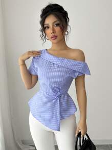 Elenzga 女士春夏斜领短袖条纹度假收腰扭纹休闲衬衫 - 藍色 - 查看 3