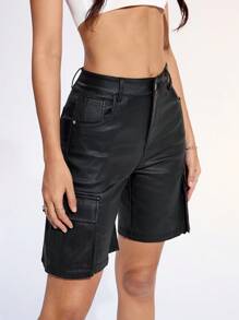 Women's Summer Fashion Solid Color Flap Pocket Straight Leg Shorts - Black - View 4