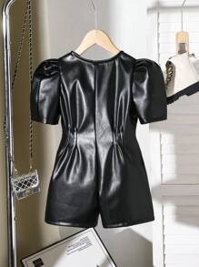 SHEIN Young Girl' Fashionable Casual Versatile Cool Round Neck Puff Sleeve Romper With Faux Leather Pants - Black - View 2