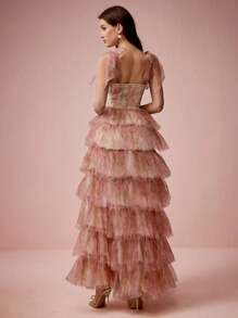 Enchnt Spring/Summer Romantic Women's Soft Pink Bowknot Multi-Tiered Ruffle Princess Maxi Cake Dress,Sweet&Elegant For Birthday&Holiday Party&Wedding Season&Sweet Date &Prom&Garden Parties&Vacation