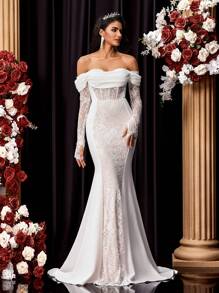 Glamrae Vestido de novia de cola de sirena con hombros descubiertos y encaje, con tren, para la novia