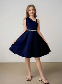 Tween Girl Sleeveless Bowknot Waist A-Line Elegant Minimalist Wedding Party Dress With Belt