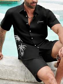 Manfinity RSRT 大码男士热带植物印花短袖衬衫和短裤假日休闲套装 - 黑色 - 查看 4