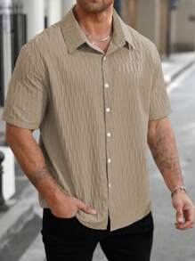 Manfinity Homme Men's Plus Size Solid Color Short Sleeve Single-Breasted Casual/Office Shirt - Khaki - View 5