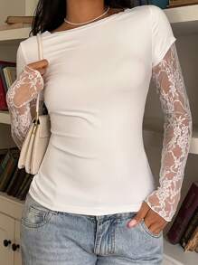 CovetEZ Top de mujer de manga larga 2 en 1 con patchwork de encaje tejido - Blanco - Ver 3