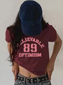 DAZY Camiseta feminina estilo rua solta com estampa de letras e manga curta, amarela, primavera/verão