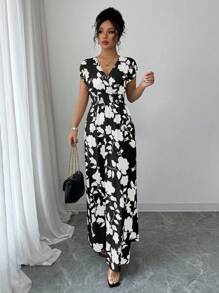 Elenzga 优雅花卉印花连衣裙，适合通勤 - 彩色 - 查看 5