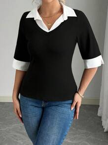 Elenzga 大码拼色拼接休闲商务女式 Polo 衫短袖 T 恤