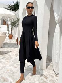 Swim Mulvari 2pcs Women Zip-Up Long Sleeve Burkini Swimsuit Set With Swim Bottoms For Summer Beach Vacation