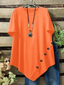 Plus Size Women's Solid Color Round Neck Short Sleeve Button Design Casual T-Shirt - Orange - View 1