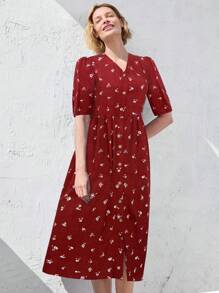 EMERY ROSE 女士 V 领优雅小花短袖中长款夏装