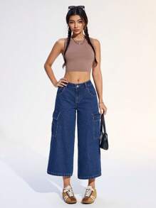 SHEIN EZwear Jeans amples à jambe large avec rabat de poche pour femmes, pour un usage quotidien casual