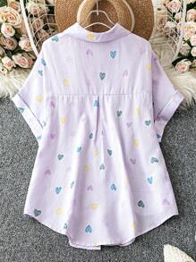 SHEIN LUNE 大码休闲心形印花蝙蝠袖衬衫 - 紫色 - 查看 2