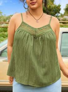 SHEIN EZwear 大码夏季波西米亚风复古绿色皱褶蕾丝宽松吊带背心和背心 - 綠色 - 查看 5